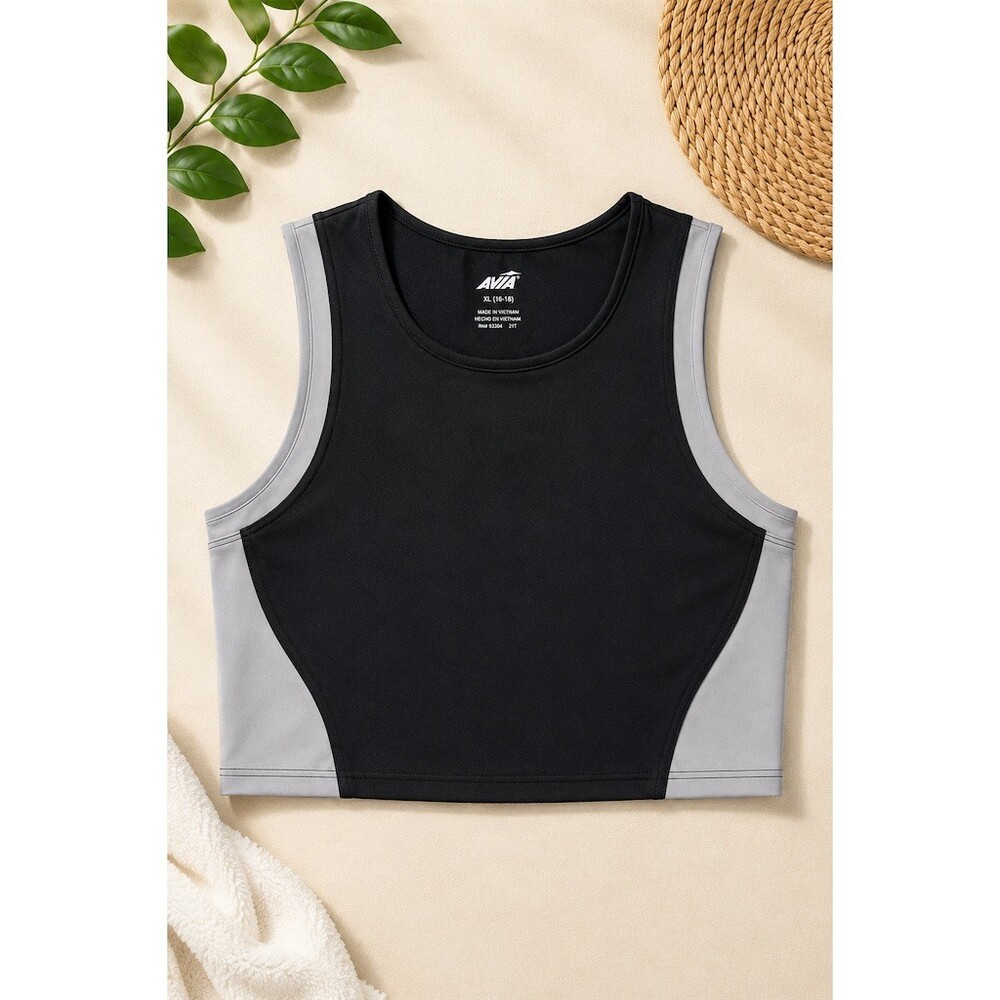 Avia Sports Bra Tank Womens XL Black Gray Colorblock High Neck Medium